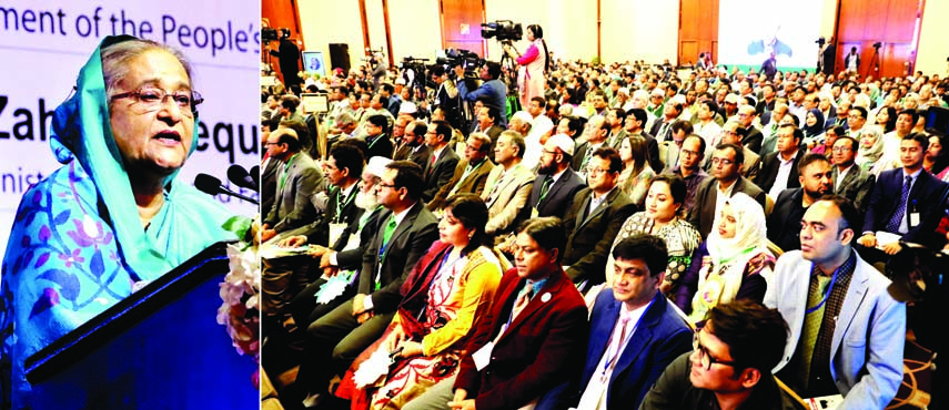 Prime Minister Sheikh Hasina addressing the National Conference 2019 on Zero Leprosy Initiative by 2030 at a hotel in the city on Wednesday. BSS photo