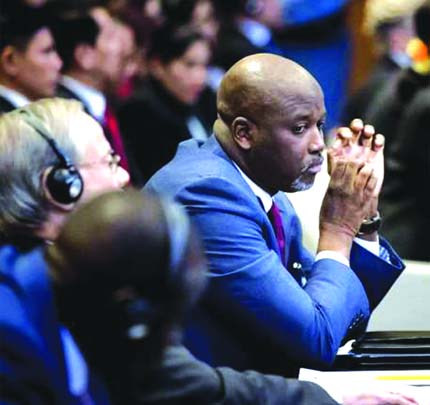 Minister of Justice and Attorney General of the Gambia, Abu Bacarr Marie Tambadou, seen at the hearing on Rohinya genocide committed against the Rohingyas in the Rakhine State by Myanmar authorities at the UN International Court of Justice in the Hague.