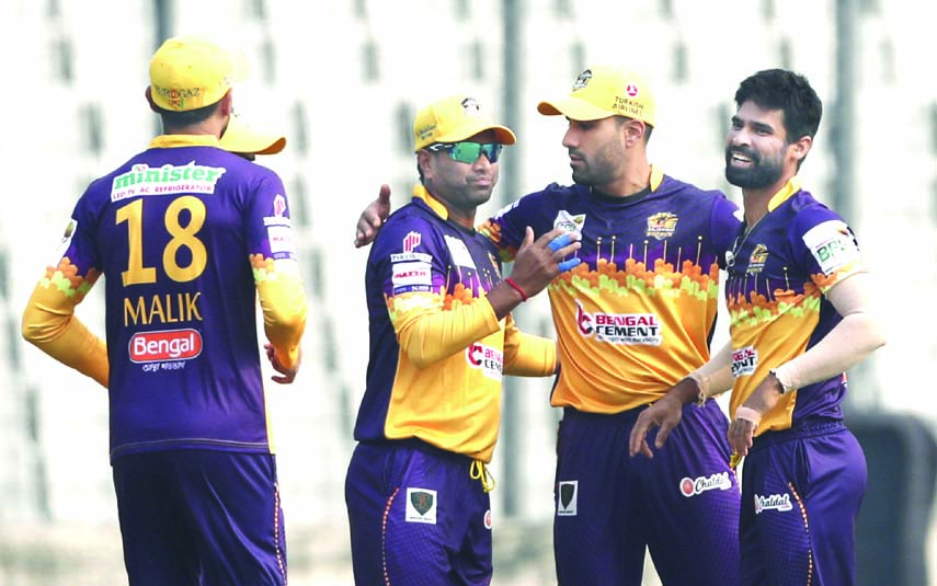 Players of Rajshahi Royals celebrating after dismissal of a wicket of Dhaka Platoon during the match of the Bangabandhu Bangladesh Premier League at the Sher-e-Bangla National Cricket Stadium in the city's Mirpur on Thursday.