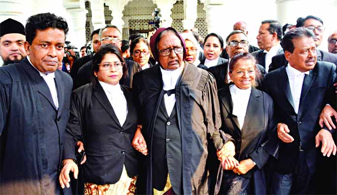 Pro-Awami League lawyers bring out procession at the Supreme Court premises on Thursday, supporting the Appellate Division's order on BNP Chairperson Khaleda Zia's bail prayer in the Zia Charitable Trust graft case.