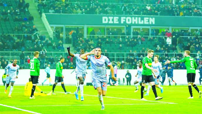 Istanbul Basaksehir's Enzo Crivelli celebrates scoring their second goal during the Europa League Group J match between Borussia Moenchengladbach and Istanbul Basaksehir at Borussia-Park, Moenchengladbach, Germany on Thursday.