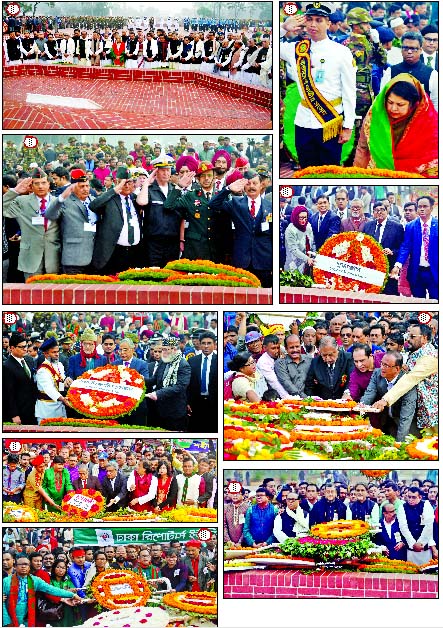 (1) Prime Minister and Awami League President Sheikh Hasina along with party colleagues stand in solemn silence after placing wreaths at the Savar National Memorial on Monday marking glorious Victory Day. (2) Speaker Dr Shirin Sharmin Chaudhury. (3) Allie