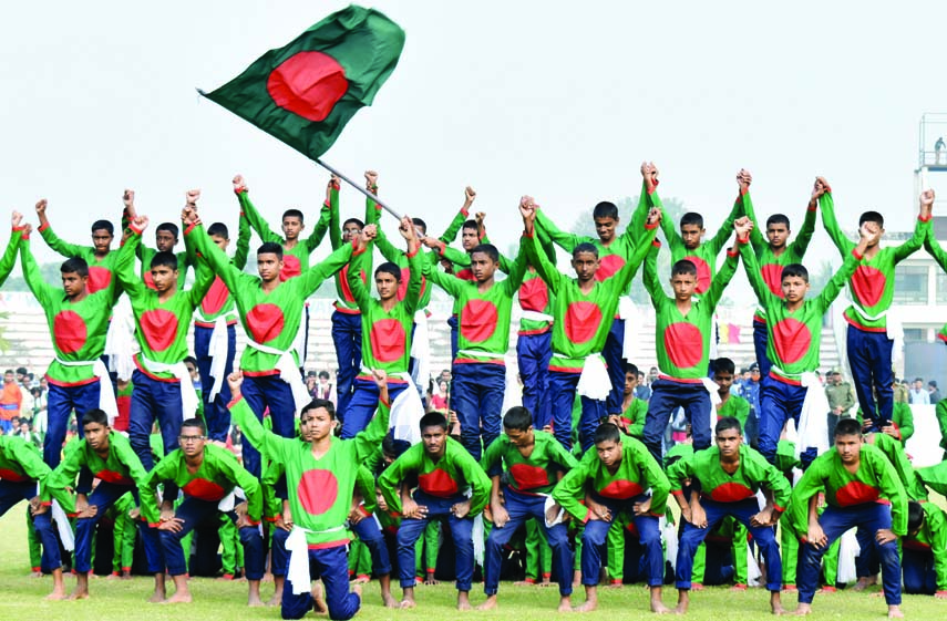 BOGURA: Students participated in a display at Shaheed Chandu Stadium in observance of the Victory Day on Monday.