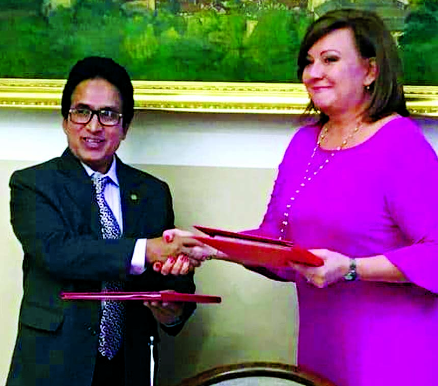 NBR Chairman Md Mosharraf Hossain Bhuiyan and Czech Deputy Prime Minister and Finance Minister Alena Schillerova, exchanging document after signing a deal on Double Taxation Avoidance Agreement (DTAA)to strengthen bilateral trade and investment ties betwe