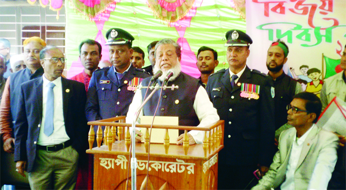 SAGHATA (Gaibandha): Deputy Speaker of the Jatiya Sangsad Adv Fazley Rabbi Miah MP addressing a reception accorded for Freedom Fighter in observance of the Victory Day at Saghata Upazila as Chief Guest on Monday.
