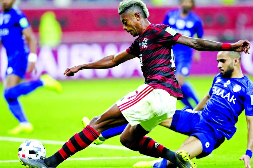 Flamengo's Bruno Henrique scores a goal during the Club World Cup semifinal soccer match between Flamengo and Al Hilal at the Khalifa International Stadium in Doha, Qatar on Tuesday.