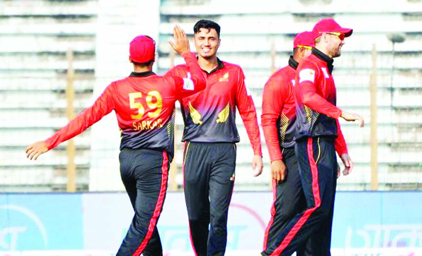 Players of Cumilla Warriors celebrate after dismissal the wicket of Tom Abell (not in the picture) of Rangpur Rangers during the Twenty20 cricket match of the Bangabandhu Bangladesh Premier League (BPL) at Zahur Ahmed Chowdhury Stadium in Chattogram on We