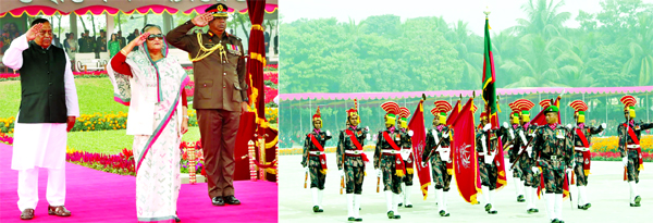 Prime Minister Sheikh Hasina taking salute and inspected the parade at Pilkhana BGB Headquarters marking its Day on Wednesday.