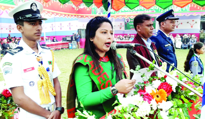 MANIKGANJ: Taslima Mustari, UNO, Daulatpur Upazila speaking at the display programme organised by Daulatpur Upazila Administration marking the Victory Day as Chief Guest recently.