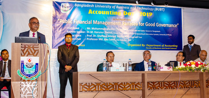Mohammad Muslim Chowdhury, Comptroller and Auditor General of Bangladesh speaks as chief guest at a seminar on 'Public Financial Management: Panacea for Good Governance' organized at Bangladesh University of Business and Technology on Tuesday.