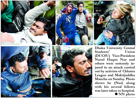 Dhaka University Central Students' Union (Ducsu) Vice-President Nurul Haque Nur and others were seriously injured in an attack carried out by activists of Chhatra League and Muktijuddha Mancha on Sunday. Photo shows he (Nur) along with his several fellow