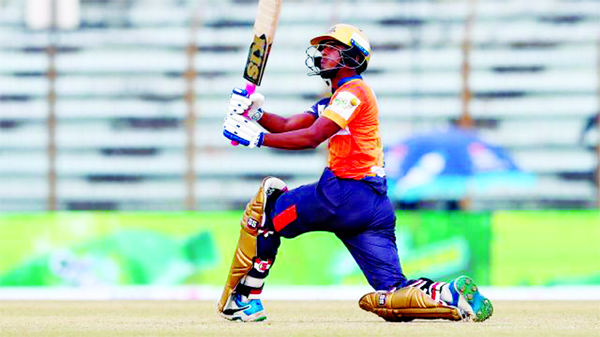 Mahedi Hasan of Dhaka Platoon, hits a shot during the Twenty20 cricket match of the Bangabandhu Bangladesh Premier League (BPL) between Dhaka Platoon and Cumilla Warriors at Zahur Ahmed Chowdhury Stadium in Chattogram on Monday.