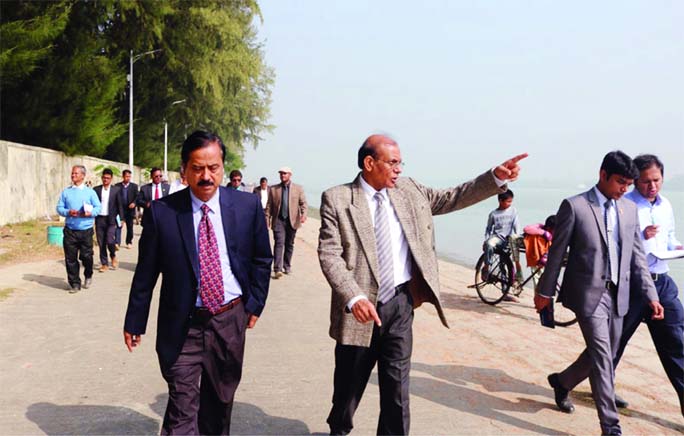 BARISHAL : Dr Muzibur Rahman Howlader, Chairman, National River Conservation Commission (NRCC) visiting illegal construction beside Barishal River Port areas on Tuesday .