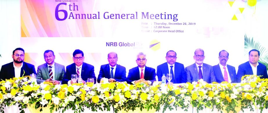 Nizam Chowdhury, Chairman, Board of Directors of NRB Global Bank Limited, presiding over its 6th AGM at its head office in the city on Thursday. Dr. Mohammed Faruque, Morshedul Alam, Arif Ahmed, Mohammed WahidulAlam, Md. Mostan Billah Adil, Danny Chowdhur