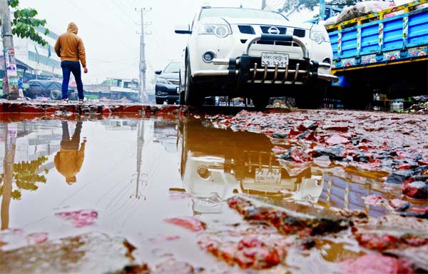 A busy road is in appalling situation as potholes and cracks being developed with drain waters that logged for long, causing sufferings to commuters. But the authorities concerned seemed uncared to remove the hazards. This photo was taken from Demra area