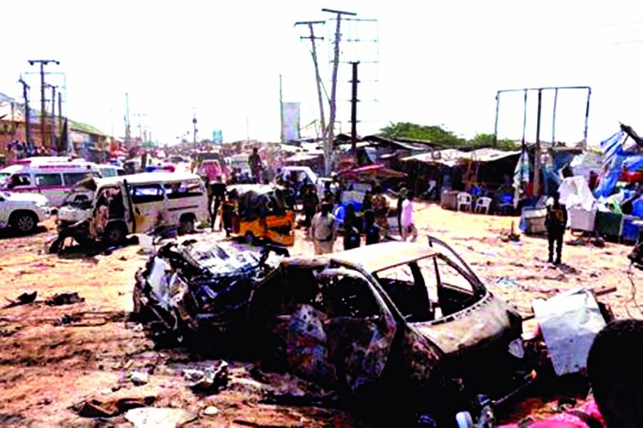 A general view shows the scene of a car bomb explosion at a checkpoint in Mogadishu, Somalia on Saturday. Internet photo