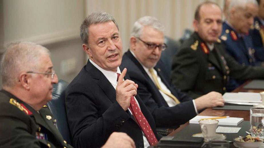 Turkish Defence Minister Hulusi Akar speaks during a meeting with acting Secretary of Defense Patrick Shanahan at the Pentagon in Washington.