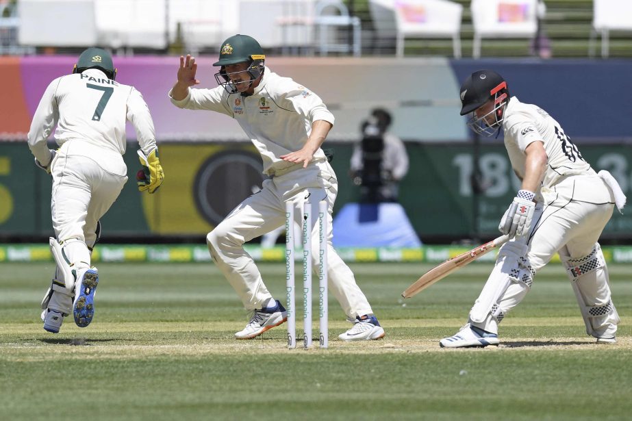 Australia's Tim Paine (left) celebrates with teammate Marnus Labuschagne (center) after stumping out New Zealand's Henry Nicholls (right) during play in their cricket test match in Melbourne, Australia on Sunday.