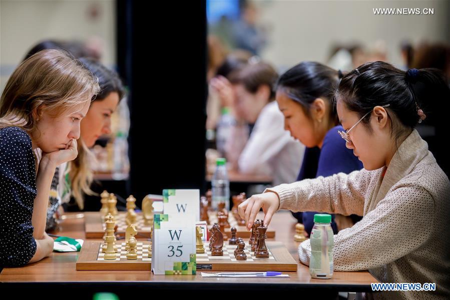 Song Yuxin (right) of China and Anastasiya Geller (left) of Russia compete in the final round of the 2019 King Salman World Chess Rapid Women Championship in Moscow, Russia on Saturday.