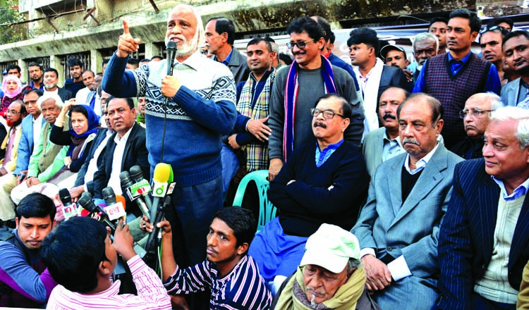 BNP Standing Committee Member Dr Moin Khan speaking at a rally in front of Jatiya Press Club on Sunday organised by the Jatiya Oikya Front, protesting vote rigging during the parliamentary election held on 29th December, 2018.