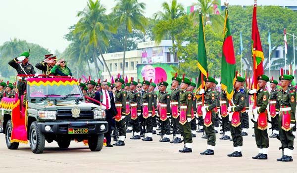 Prime Minister Sheikh Hasina inspecting the President Parade 2019 from an open jeep and takes salute from the passing out cadets of the 77th BMA Long Course at the Parade Ground of the Bangladesh Military Academy (BMA), Bhatiary in Chattogram on Sunday.