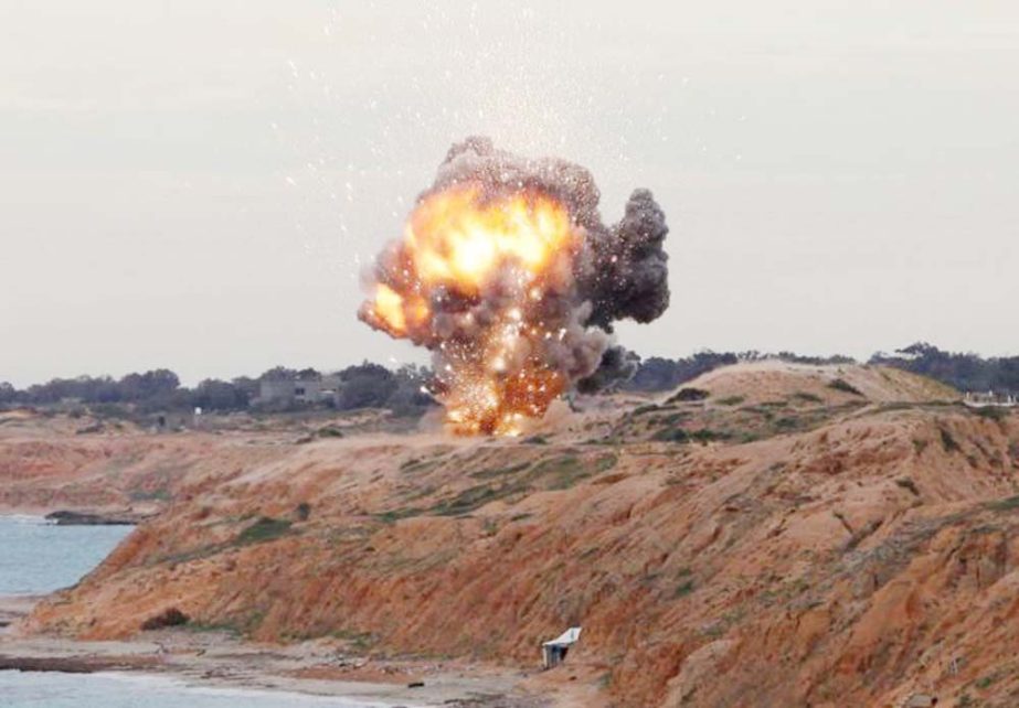 A MANPADS missile is detonated along the shore facing the Firing Range, east of the Libyan capital Tripoli. AP file photo