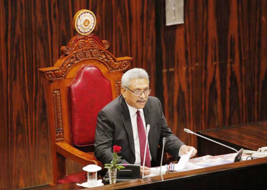 Sri Lankan president Gotabaya Rajapaksa addresses the parliament during the ceremonial inauguration of the session in Colombo, Sri Lanka on Friday