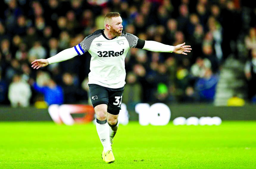 Derby County's Wayne Rooney gestures during the match against Barnsley in the English Championship football match at Pride Park in Derby of England on Thursday.