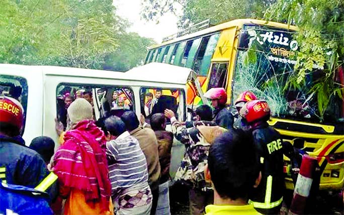 Four people were killed and 14 others injured as a microbus and a passenger bus collided head-on at Kishoreganj upazila in Nilphamari on Friday.