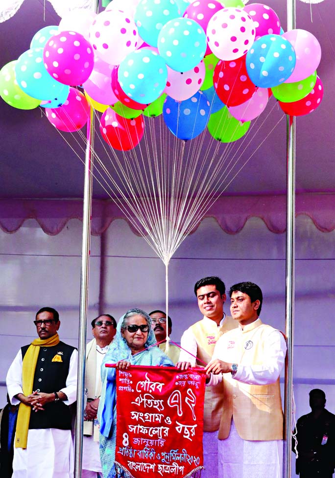 Prime Minister Sheikh Hasina inaugurating the reunion of Bangladesh Chhatra League (BCL) marking the 72nd founding anniversary of the student wing of ruling party by releasing balloons at Suhrawardy Udyan in the capital on Saturday.