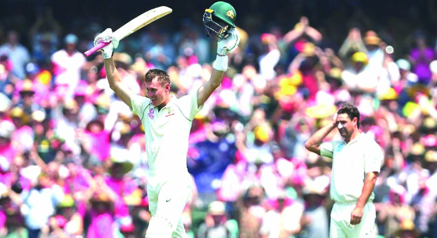 Marnus Labuschagne of Australia, celebrates his double century against New Zealand on the second day of the third Test at Sydney in Australia on Saturday.