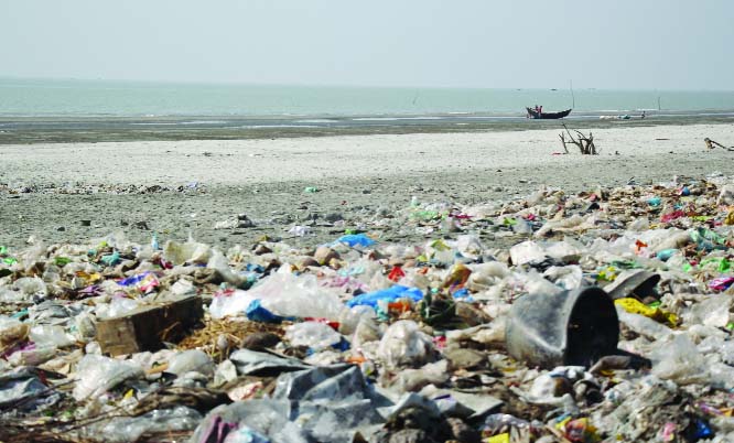 PATUAKHALI: Environment pollution has taken a serious turn at Kuakata Sea Beach in Patuakhali due to lack of garbage management. This snap was taken yesterday .