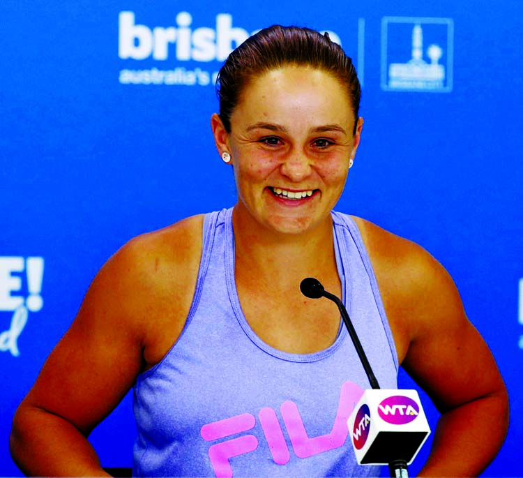 Ashleigh Barty of Australia, talks to the media during a press conference ahead of the Brisbane International tennis tournament in Brisbane, Australia on Sunday.
