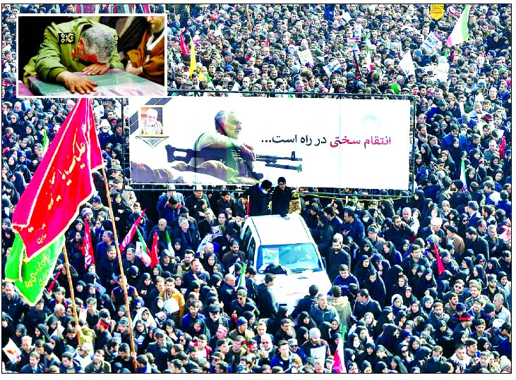 Mourners gather to pay homage to slain Iranian military commander Qasem Soleimani, Iraqi paramilitary chief Abu Mahdi al-Muhandis and other victims of a US attack, in the capital Tehran on Monday. Inset `Among those there was Esmail Ghaani, the new head o