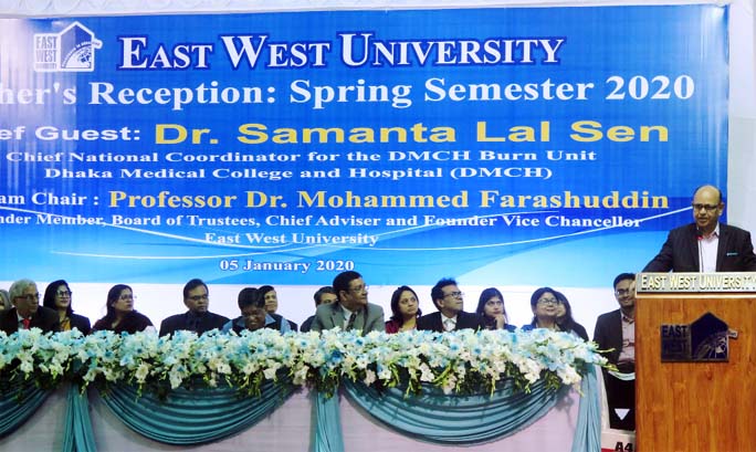 Dr Samanta Lal Sen, Chief Coordinator, Burn Unit, Dhaka Medical College and Hospital speaks at the orientation program for the newly admitted students for the Spring Semester 2020 of East West University held in the courtyard of EWU campus, Aftabnagar in