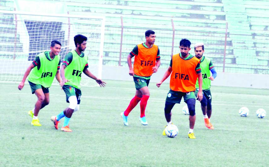 Players of Bangladesh National Football team during their practice session at the Bir Shreshtha Shaheed Sepoy Mohammad Mostafa Kamal Stadium in the city's Kamalapur on Wednesday.