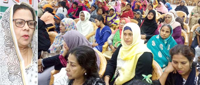 Hasian Mohiuddin, President, Mahila Awami League, Chattogram City Unit speaking at a discussion meeting marking the Bangabandhu's Homecoming Day recently.