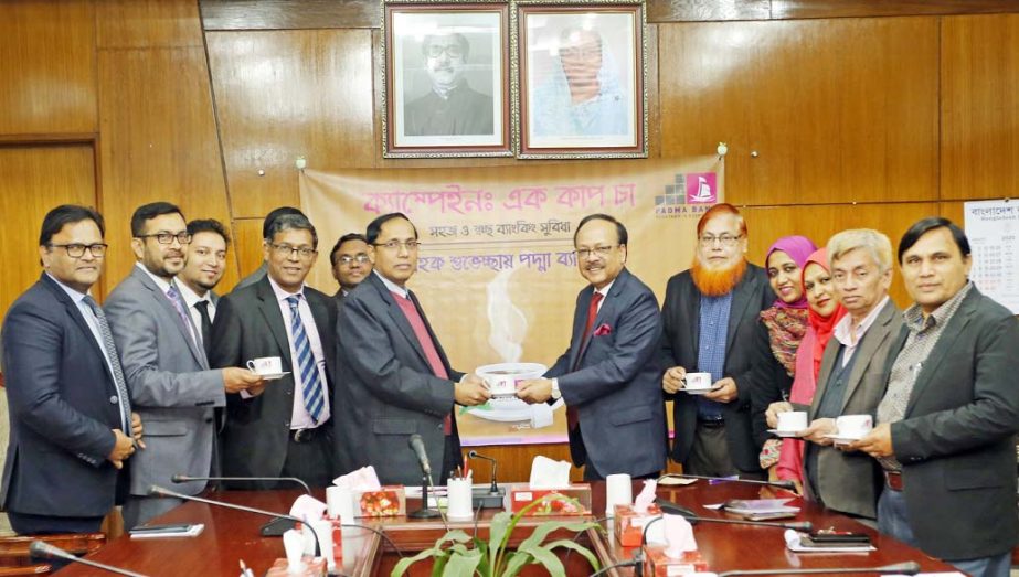Md Ehsan Khasru, CEO of Padma Bank Limited along with Md. Abul Hossain, Managing Director of the Investment Corporation of Bangladesh (ICB), inaugurating the 'One Cup Tea' Campaign to attract new depositors and raise awareness about various aspects of t