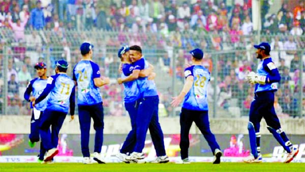 Players of Rangpur Rangers, celebrating after beating Dhaka Platoon in their Twenty20 cricket match of the Bangabandhu Bangladesh Premier League at the Sher-e-Bangla National Cricket Stadium in the city's Mirpur on Friday.