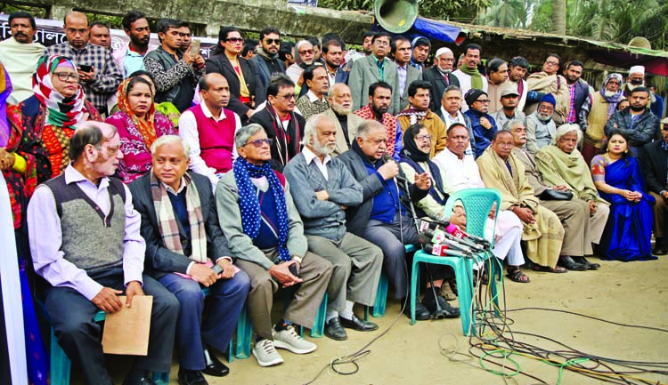 Gonoforum President Dr. Kamal Hossain addressing a rally organised by Jatiya Oikya Front in front of the Jatiya Press Club on Saturday in protest against rape and repression on women all over the country.