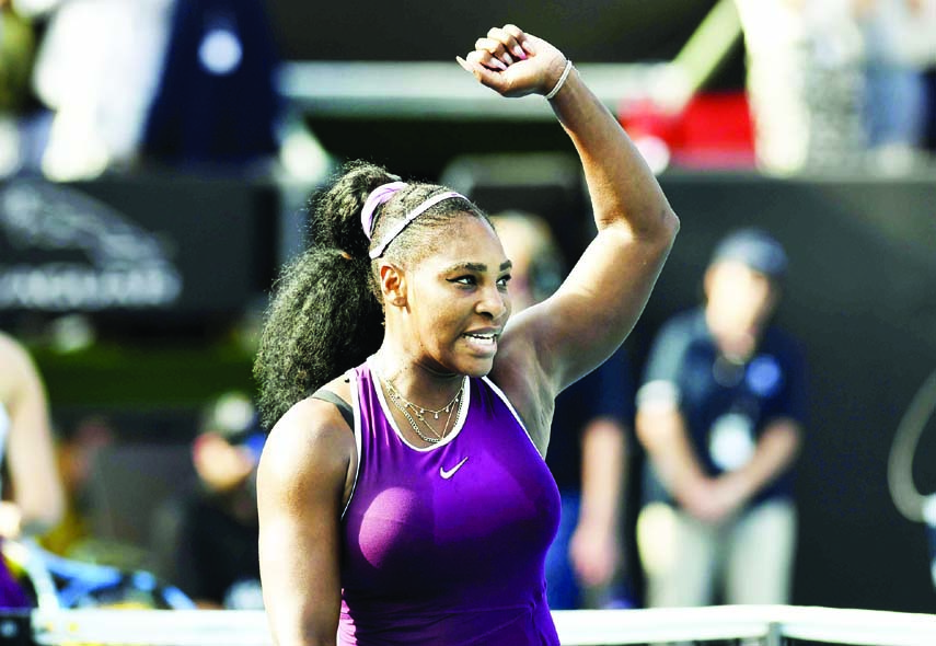 Serena Williams of the U.S., celebrates after winning her semifinal singles match against her compatriot Amanda Anisimova at the ASB Classic in Auckland of New Zealand on Saturday.