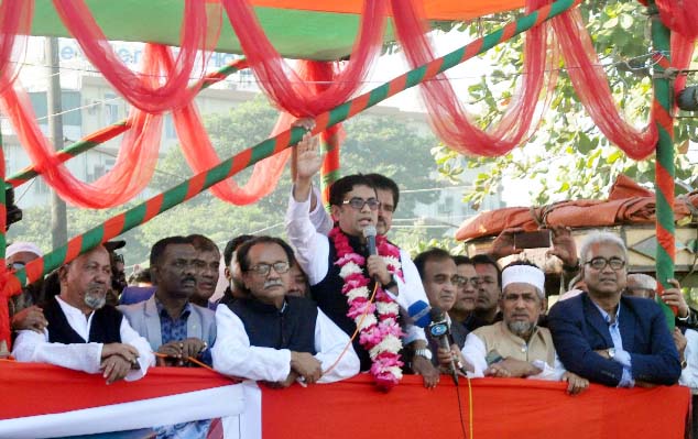 Newly- appointed Office Secretary of Bangladesh Awami League Barrister Biplop Barua waving hands at a reception at Old Rail Station recently.