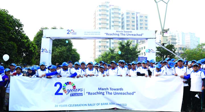 As a part of a month-long 20th Anniversary Celebration campaign of Bank Asia Limited, Officials of the bank brought out a rally named "March Towards Reaching The Unreached" at Hatirjheel area in the city on Friday. Bank's President and Managing Directo
