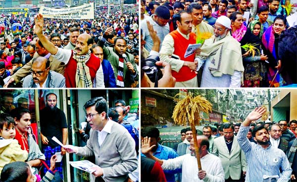 AL Mayoral candidates Atiqul Islam (top left) and Sheikh Fazle Noor Taposh (bottom-L) while BNP's Tabith Awal (top-R) and Ishraque Hossain (bottom-R) are seen busy in electioneering for ensuing Dhaka City Corporation polls on Saturday.