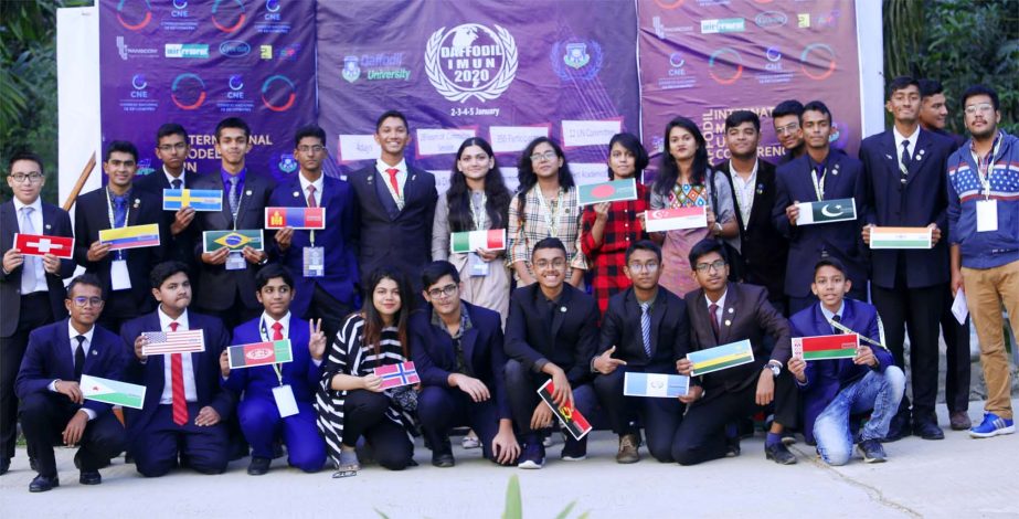 Participants representing different member countries of UN at International Conference titled 'DaffodilIMUN-2020' based on the theme "Empowerment, Good Governance and Sustainable Development through Youth Partnership 2030" organized recently by Daffod