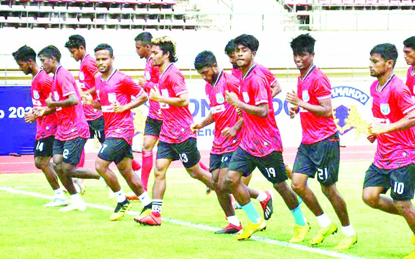 Members of Bangladesh National Football team taking part at their practice session in the Bangabandhu National Stadium on Tuesday.