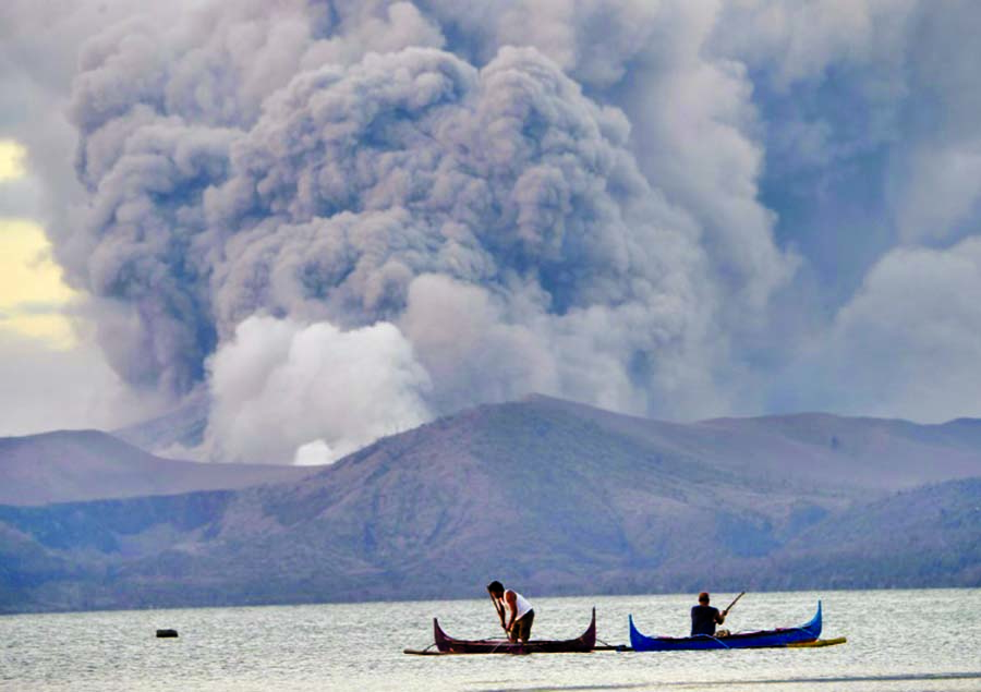 The crater of the volcano exploded to life with towering clouds of ash and jets of red-hot lava, forcing those living around the mountain south of Manila to rush to safety.