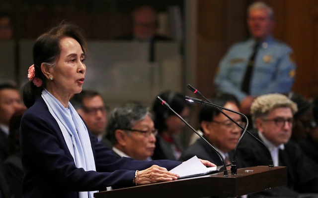 FILE PHOTO: Myanmar's leader Aung San Suu Kyi speaks on the second day of hearings in a case filed by Gambia against Myanmar alleging genocide against the minority Muslim Rohingya population, at the International Court of Justice (ICJ) in The Hague, Neth