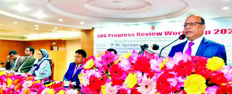 Local Government Minister Tajul Islam speaking at a workshop on 'Review of SDG Progress-2020' in the auditorium of the People's Health Engineering Department in the city on Wednesday.
