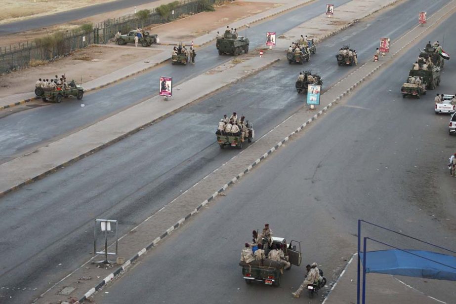 Members of the Rapid Support Forces, a paramilitary force operated by the Sudanese government, block roads in Khartoum, Sudan on Tuesday. A Sudanese official said Tuesday that security forces have contained an armed protest from within the security appara